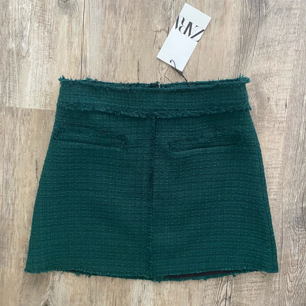 Dark Green Tweed Mini Skirt from Zara NWT